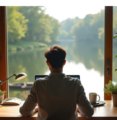 Person sat at a desk overlooking a lake