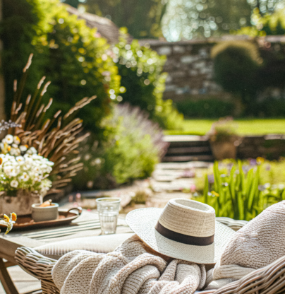 Sun-soaked garden with a rattan chair and sun hat